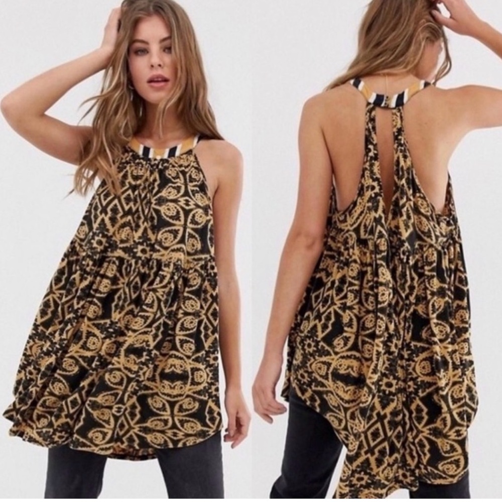 Free People Black and Gold Patterned Tank Top Size Large NWT
